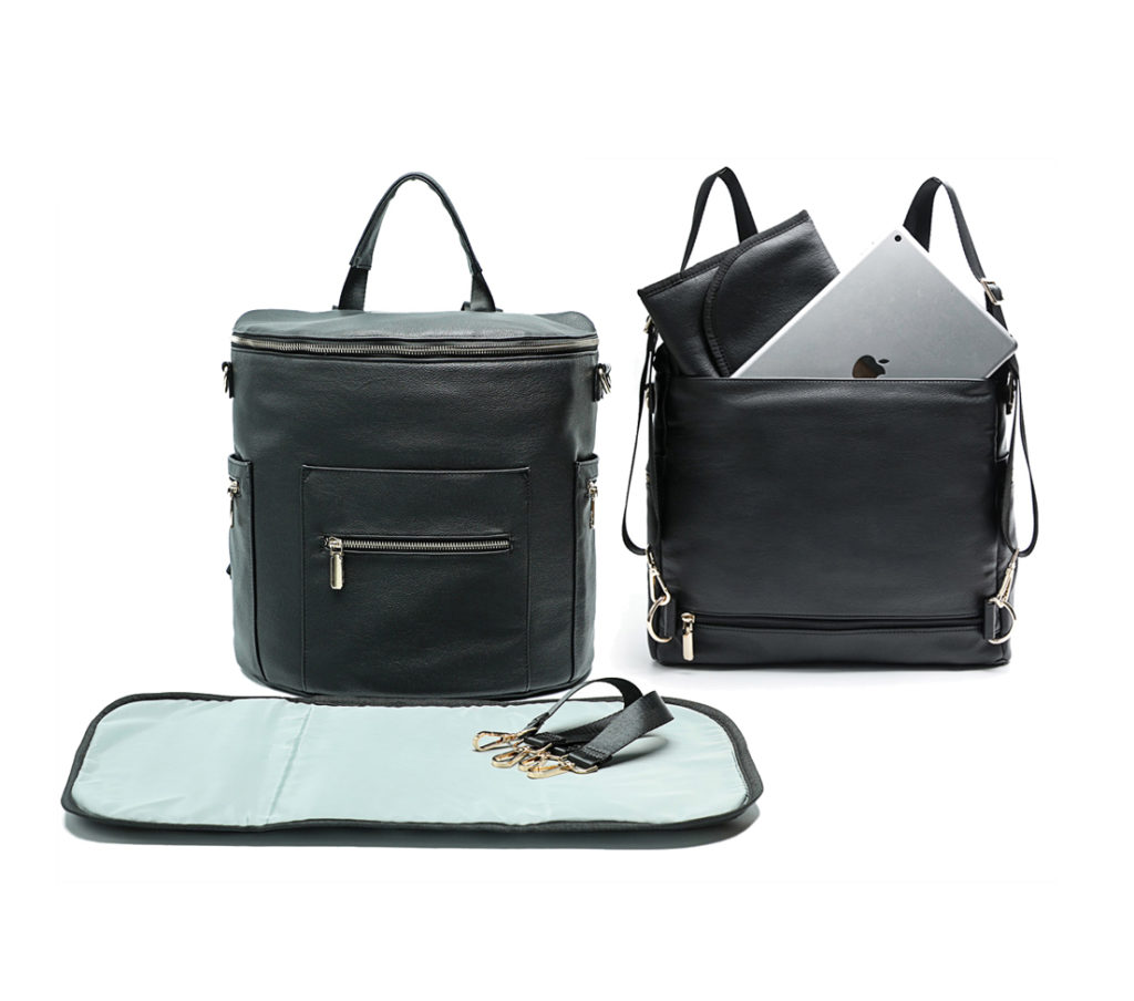 Leather Diaper Bag Backpack Convertible (Black) Miss Fong