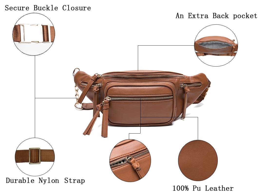 Leather Fanny Pack For Women,Waist Bag,Belt Bag, Bum bag with 9