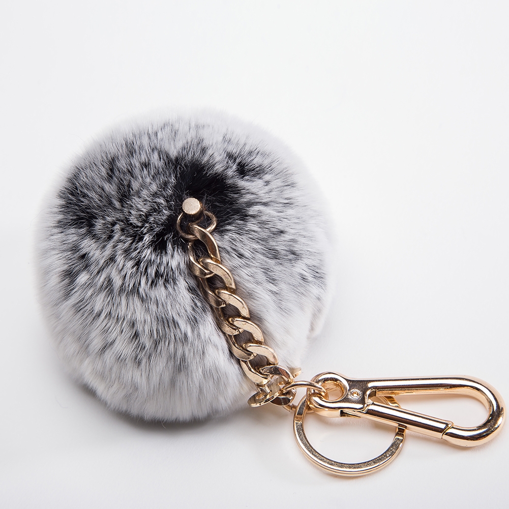 Pom Pom Key Chain Women by Miss Fong,Puff Ball Keychain in Genuine Fox Fur,  Bag Charm Gold Ring Fur Ball (Grey-large)