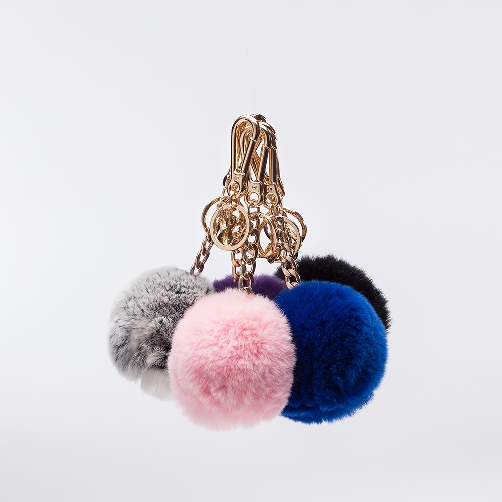 Pom Pom Key Chain Women by Miss Fong,Puff Ball Keychain in Genuine Fox Fur,  Bag Charm Gold Ring Fur Ball (Grey-large)