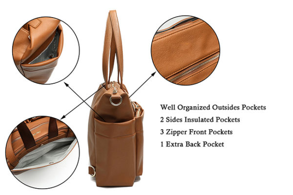outside pocket of miss fong brown tote backpack