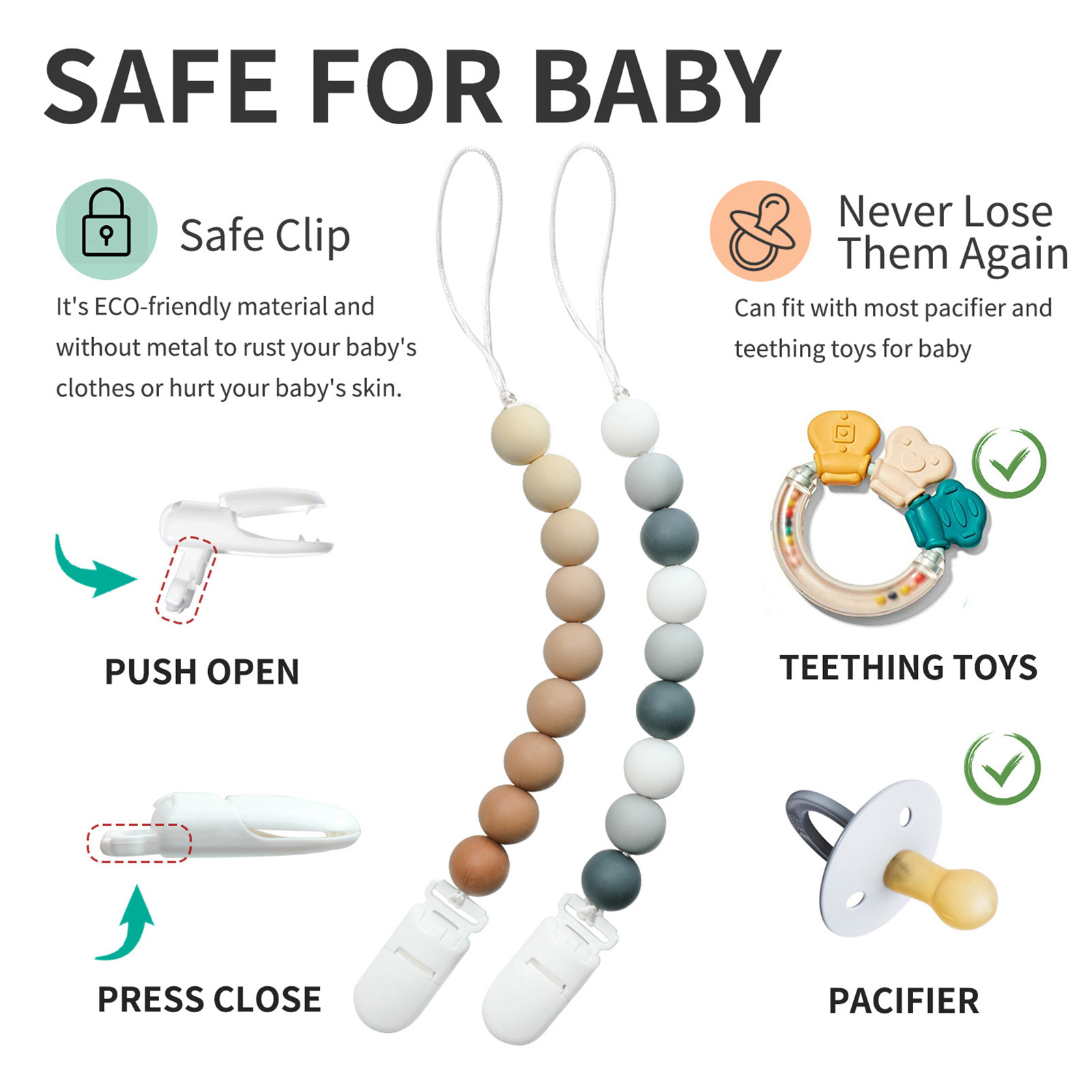 Teething Beads Paci Clip Baby Binky Holder Toys Gift for Baby Shower Pack of 2 NFIWA Pacifier Holder for Baby Boys and Baby Girls Grey and Blue Silicon Teething Pacifier Clip for Baby Pacifier 