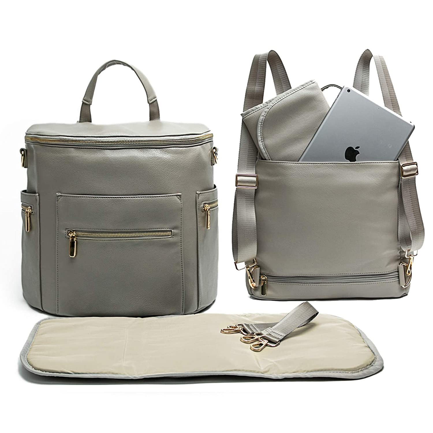 Leather Diaper Bag Backpack Convertible (Grey) | Miss Fong