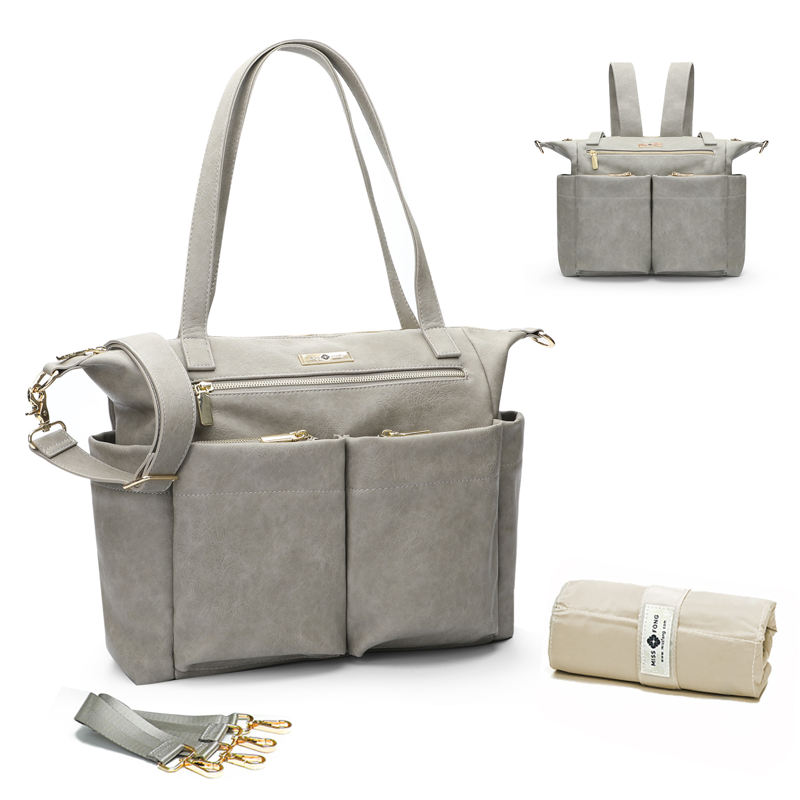 Leather Diaper Bag Backpack Tote By Miss Fong (Grey)
