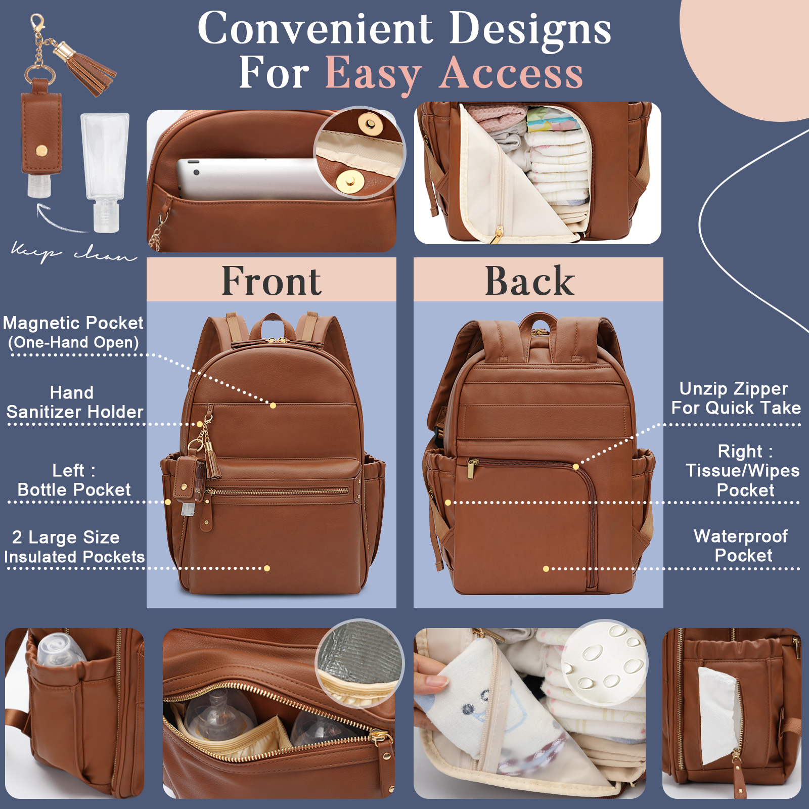 Minsong Diaper Bag Backpack,Fashion Leather Mommy Backpacks,Travel Toddler  Baby Diaper Bags with in Bag Organizer and Changing Pad (Brown)