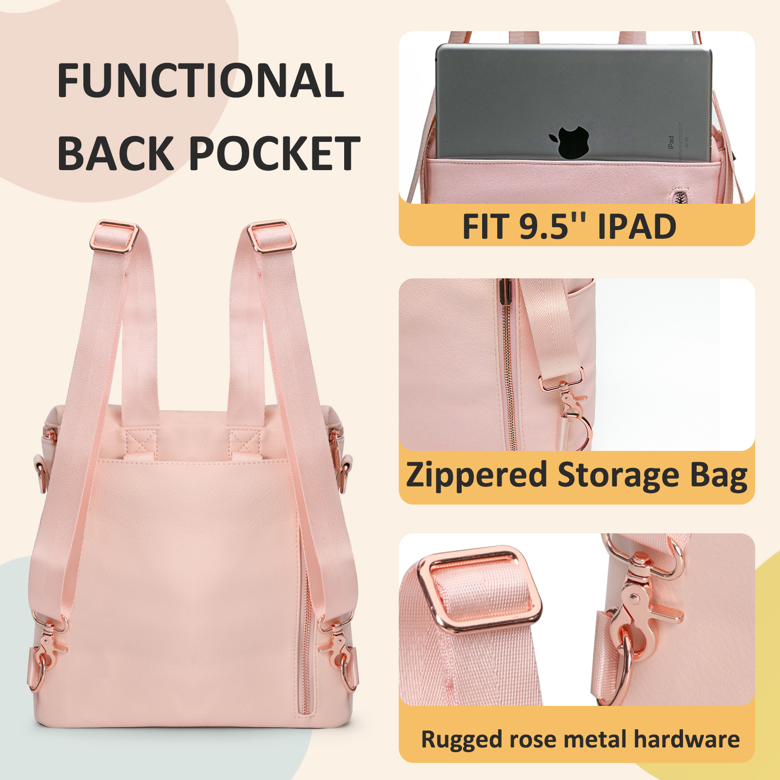Miss Fong Leather Diaper Bag Backpack, Mini Backpack, Kids Backpack for Mom with in Bag Organizer , Insulated Pocket and Shoulder Strap(Blush Pink)